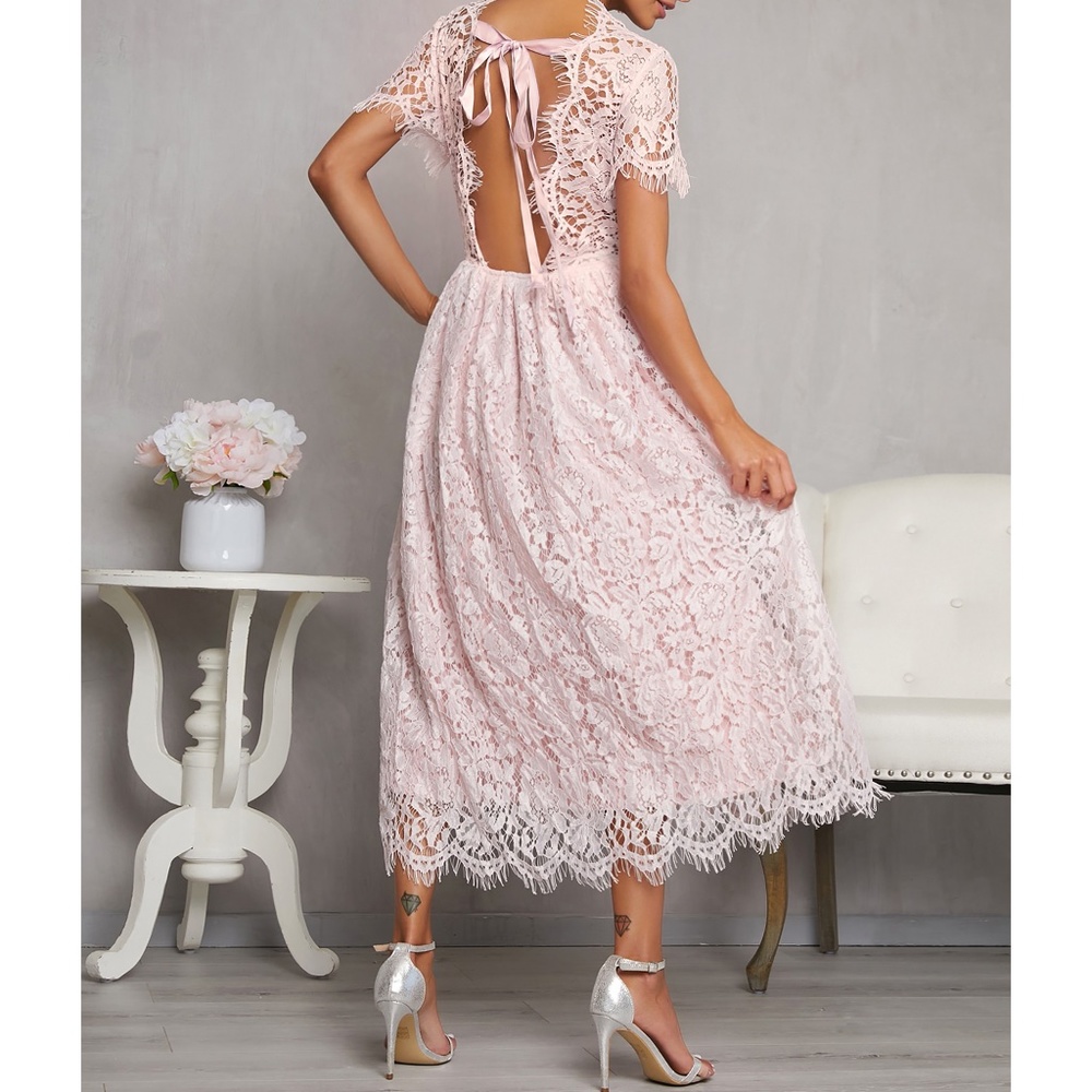 Pink Tie Open Back Fit & Flare Lace Midi Dress